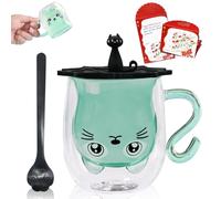 Afitdon Graziosa tazza per gatti a doppia parete, motivo gatto carino tazze con biglietto di benedizione, cucchiaio e coperchio per bicchiere, regalo per gli amanti dei gatti, 280 ml, per cappuccino,