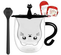 Afitdon Tazza Nera con Manico Vetro Doppia Parete con cucchiaio in acciaio inox a forma di zampa di gatto e coperchio in silicone & scheda di auguri, Tazza da Caffè di Gatto Carino per cappuccino