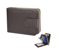 AfitLulu Portafogli da uomo in finta pelle con 4 finestre trasparenti, porta carte di credito a fisarmonica, con cerniera e chiusura a scatto, Marrone, S, Minimalista