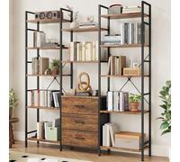 AFLUI Libreria tripla con 3 cassetti in tessuto, scaffale per libri a 5 livelli e 10 ripiani espositori, grande libreria industriale per casa e ufficio, marrone rustico, larghezza 119 cm