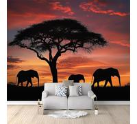 Africa Elefante Tramonto Carta da Parati Rosso Carta da Parati TNT Fotomurali Moderna Carta Parati Fotomurale 3D Effetto per Soggiorno, Camera Letto, Sala Pranzo, TV Sfondo 250x175 cm