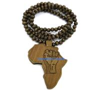 Africa Mappa Potenza Pugno Collana con Pendente 91.4cm Perline di Legno Catena