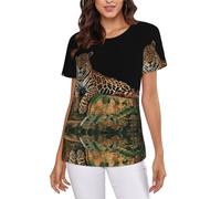 African Leopard On Rock - Maglietta da donna a maniche corte, comoda, elastica, girocollo, estiva, con scollo rotondo, Nero , L
