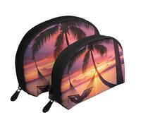 African Tribal Ethnic Texture Portable Shell Cosmetic Bag Set - Travel Makeup Organizer con cerniera e scomparti interni, Coconut Beach - Amaca al tramonto, Taglia unica