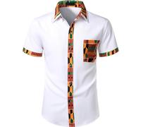 African Tribal Grafica Patchwork Design Slim Fit Camicia a maniche lunghe per il tempo libero, per feste, patchwork, abbottonatura, Dashiki Top, casual, vestibilità sottile, bianco, M