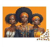 African Women Portrait 1000Pc Jigsaw Puzzle for Adults: Three Girls with Orange Headwraps Impossible Hard Difficult & Educational Decompression 70x50cm/1000pcs