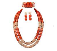 Africanbeads Set di gioielli da sposa africani con perline di corallo scivolose quadrate strass oro accessoriare bavaglino collana pendente vestito fatto a mano (3), AB0003