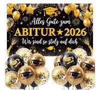 Afritee Abi 2026 - Banner con palloncini decorativi, colore nero e oro, con scritta in lingua tedesca "Alles Gute zum Abitur 2026", motivo palloncini, siamo così orgogliosi di te, decorazione per