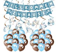 Afritee Benvenuto a casa Baby - 40 pezzi Welcome Home Baby Blu, 8 cicogne nascita per esterni, 2 festoni premontati, 30 palloncini per bambini, baby shower, ricevimento, battesimo, festa