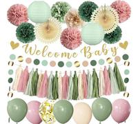Afritee Decorazione per baby shower, per bambini e bambine, verde salvia e rosa, con scritta in lingua inglese "Welcome Baby Shower", colore verde e oro