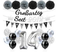 Afritee Decorazione per il 14° compleanno, ragazzo, colore nero e argento, grande dal 2012, set di palloncini con pompon "Alles Gute zum Geburtstag Quartordici Black and Silver Party Deko