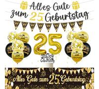Afritee Decorazione per il 25° compleanno, nero e oro, con scritta "Happy 25th Birthday", decorazione per torta, palloncini, per donne e uomini