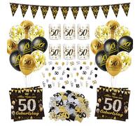Afritee Decorazione per il 50° compleanno, motivo: donna e uomo, 55 pezzi, colore nero e oro, tovaglioli con palloncini, portacandela, coriandoli, decorazione da tavolo per 50° compleanno