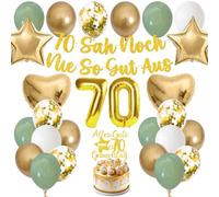 Afritee Decorazione per il 70° compleanno, motivo: donna e uomo, 31 pezzi, per il 70° compleanno, con scritta "Seh Noch Nie So Gut Aus", ghirlanda, striscione, palloncini verde salvia, decorazione per