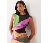 AFRM - Nina - Top in rete con maniche ad aletta e stampa vivace di piume in coordinato-Multi XL