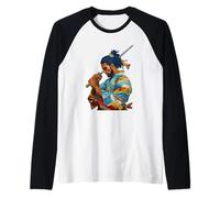 Afro Americano Samurai Anime Cartoon Giapponese Bushido Guerriero Maglia con Maniche Raglan