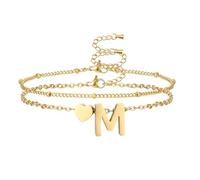 AFSTALR Bracciale con lettere da donna in oro e argento a strati con iniziali A-Z e ciondolo a forma di cuore, braccialetto con lettere personalizzate, idea regalo per donne, Acciaio inossidabile