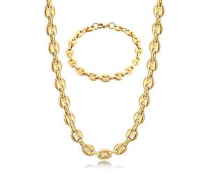 AFSTALR - Collana e bracciale in acciaio inossidabile, catena a maglia chicco di caffè, da uomo, 6 mm, 9 11 argento oro nero placcato Oro, colore: Or Grains de Café 9mm, cod. SET-cafe-or-51-9mm