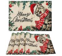 AFXXE Tovagliette Natalizie, Sottopiatti Natalizi Americane, Tovaglietta Natalizia Colazione, Sottopiatto Natale Lavabili Lino Tessuto Set, Tovagliette Tavola Natalizio Verdi Americana(Gatto)