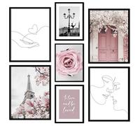 ag.art deco Quadri Moderni Soggiorno con Cornice Nera | Set di 7 Poster da Parete | Quadri Camera da Letto o il Soggiorno | Stampe da Parete (Parigi Rosa)