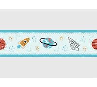 AG Design Bordura Adesiva Cosmo Ciano, AWBD 8056 | Impermeabile e Decorativa per Cameretta Bambini per Bambina e Bambino | Pellicola Multicolore | Larghezza 500 x Altezza 13,8 cm