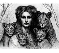 AGAATI Opera D'Arte Su Tela Stampa Immagine un ritratto a matita di una leonessa con i suoi cuccioli per decorazioni per la casa 60x90cm