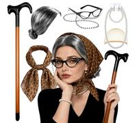 AgagaQx Parrucca Nonna Grigia con 9 Accessori, Parrucca Grigia con Chignon per Costume da Nonna, Costume da Vecchia Signora, Travestimento Pensionata Donna, Parrucca Old Lady per Halloween, Carnevale