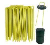 AGAKY Picchetti Telo Pacciamatura, 40 Picchetti in Acciaio Giallo e 40 Rondelle, Chiodi per Prato Sintetico, Picchetti Giardino, Picchetti per Erba, Irrigazione, Rete, Serra, 150 x 25 mm, Ø 2,8 mm