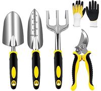 AGAKY Set Attrezzi da Giardino 5 Pezzi Durevole Alluminio Kit Giardinaggio Comprende Guanti da Giardino, Forbici, Rastrello, Pala, Cazzuola, Regalo di Giardinaggio per Uomini e Donne (Giallo)