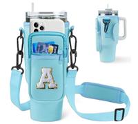 Aganmi Borsa portabottiglie con tasca per telefono per bicchiere Stanley da 1,18 l, con iniziale glitterata, con tracolla regolabile, per accessori Stanley Cup (blu A)