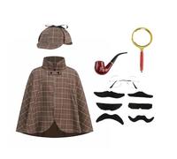 AGCOAH Sherlock Holmes - Costume da detective 6 pezzi, con cappello e baffi, per bambini, 50 cm (3-12 anni)