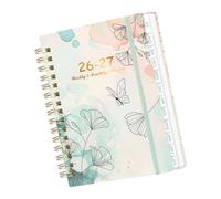 Agenda 2026 2027 con layout mensile settimanale, 140 pagine, dimensioni 21,4 x 16,5 cm, chiusura elastica per piani di studio