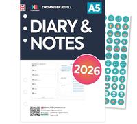 Agenda 2026 formato A5 e inserti di ricarica per appunti, compatibile con Filofax A5, mensile/settimanale, inglese, festività del Regno Unito (diario e note 2026)