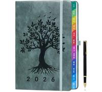 Agenda A5 2026, Vista Settimanale, Gennaio - Dicembre 2026, Diario Settimanale e Mensile, Design Albero della Vita, con Linguette Mensili Colorate, con Penna e Tasca Interna - Grigio