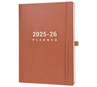 Agenda accademica 2025-2026, formato A4, vista settimanale, da luglio 2025 a giugno 2026, copertina in pelle marrone, chiusura elastica, tasca posteriore