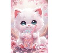 Agenda Scolaire Fille Kawaii Chat chaton: A COLORIER | Journalier, une Page par Jour | 12 x 17 cm | Pour Ecole Elémentaire, Primaire, Collège, Lycée | ... enfant, ado | Bubble Tea, Fleurs de cerisier
