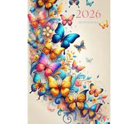 Agenda settimanale 2026 verticale A5 con farfalle colorate: 12 mesi, sabato domenica interi, intervalli 30 minuti, doppia pagina, italiano, donna.
