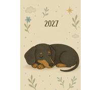 Agenda settimanale 2027 verticale A5 con cane bassotto: 12 mesi, sabato domenica interi, intervalli 30 minuti, doppia pagina, italiano, donna, tema cani.