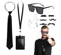Agente Costume Accessori,Accessori Costume Agente Segreto + Kit Spia 6 Pezzi + Occhiali Sole + Cravatta Regolabile + ID Card + Orecchino Segreto + Nero
