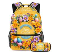 Aggiorna i tuoi elementi essenziali per la scuola, zaino con astuccio, il set perfetto per la borsa dei libri per studenti, ghirlanda gialla di buona Pasqua, Multicolore, B:29.4x20x40cm\