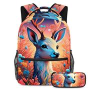 Aggiorna i tuoi elementi essenziali per la scuola, zaino con astuccio, perfetto per ragazzi, ragazze e adolescenti, disegno a colori con cervi, Multicolore#03, B：29.4x20x40cm P：19x7.5x3.8cm, Zaino