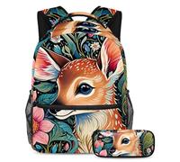 Aggiorna i tuoi elementi essenziali per la scuola, zaino con astuccio, perfetto per ragazzi, ragazze e adolescenti, disegno a colori con cervi, Multicolore#07, B：29.4x20x40cm P：19x7.5x3.8cm, Zaini