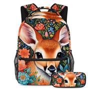 Aggiorna i tuoi elementi essenziali per la scuola, zaino con astuccio, perfetto per ragazzi, ragazze e adolescenti, disegno a colori con cervi, Multicolore#02, B：29.4x20x40cm P：19x7.5x3.8cm, Zaini