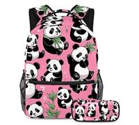 Aggiorna i tuoi oggetti essenziali per la scuola con il nostro set di zaino e astuccio, simpatico panda su rosa, Multicolore, B：29.4x20x40cm P：19x7.5x3.8cm, Zaini Daypack
