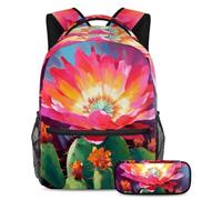 Aggiorna i tuoi oggetti essenziali per la scuola, zaino con astuccio, il set perfetto per studenti, fiori di cactus rosa, Multicolore, B:29.4x20x40cm P:19x7.5x3.8cm, Zaini Daypack