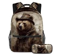 Aggiorna i tuoi oggetti essenziali per la scuola, zaino con astuccio, perfetto per ragazzi, ragazze e adolescenti, motivo vintage orso, Multicolore#01, B：29.4x20x40cm P：19x7.5x3.8cm, Zaino daypack