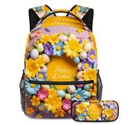 Aggiorna il tuo stile, set di 2 zaini per bambini con borsa per libri da viaggio per studenti, ghirlanda gialla di buona Pasqua, Multicolore, B:29.4x20x40cm P:19x7.5x3.8cm, Zaini Daypack