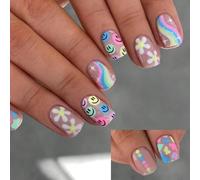 Aggiorna immediatamente il tuo aspetto con 24 pezzi di unghie finte quadrate corte con sorriso, unghie arcobaleno a pressione con design sorriso floreale e unghie finte extra lunghe in acrilico lucido