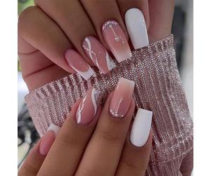 Aggiorna instantaneamente il tuo look con 24 pezzi di unghie finte bianche a forma di sarcofago con linee sfumate francese glitterate e strisce, con 1 foglio di nastro e 1 lima per unghie, forniture p