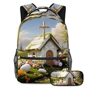 Aggiorna la tua attrezzatura scolastica, set da 2 pezzi, borsa da viaggio alla moda per ragazzi, ragazze e adolescenti, casa con croce pasquale bianca, Multicolore, B：29.4x20x40cm P：19x7.5x3.8cm,